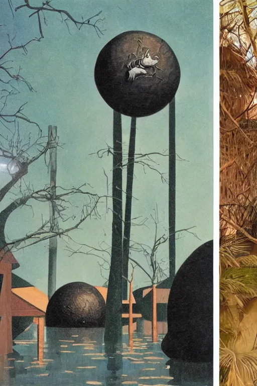 Prompt: spherical tree houses in flooded street ( ( ( ( painting by aaron douglas ) ) ) ) painting by h. r. giger painting by alvar aalto