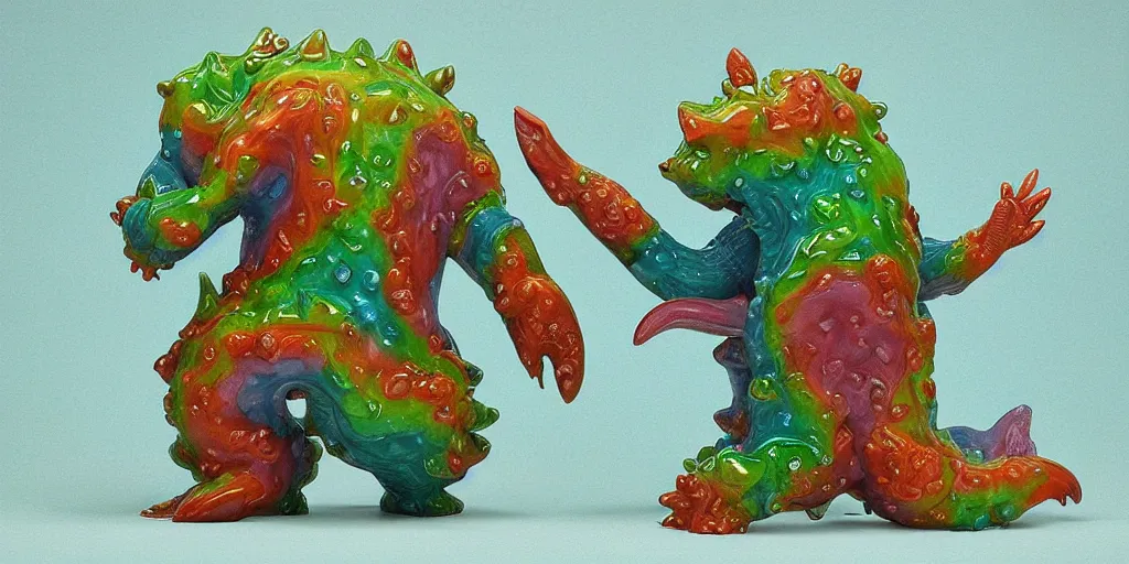 Image similar to a friendly kaiju made of porous rainbow gelatinous fleshy blobs, in the style of a ceramic masterpiece. The kaiju is smashing through an art museum gift shop!