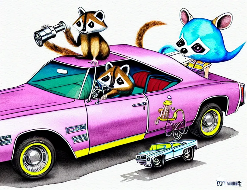 Image similar to cute and funny, racoon riding in a 1 9 6 9 chevrolet impala with oversized engine, ratfink style by ed roth, centered award winning watercolor pen illustration, isometric illustration by chihiro iwasaki, edited by range murata, tiny details by artgerm and watercolor girl, symmetrically isometrically centered