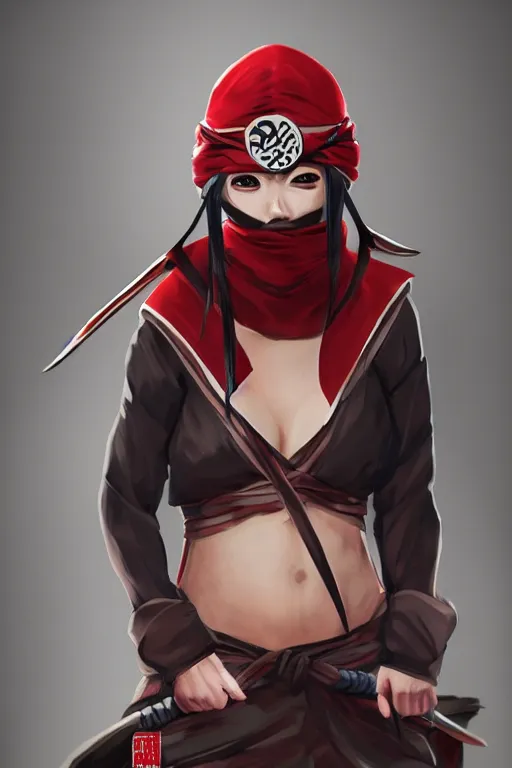 Prompt: native japanese young woman dressed like shinobi ninja, focused stare, partially masked, highly detailed, photorealistic render, digital painting, trending on artstation, character design, overcast weather