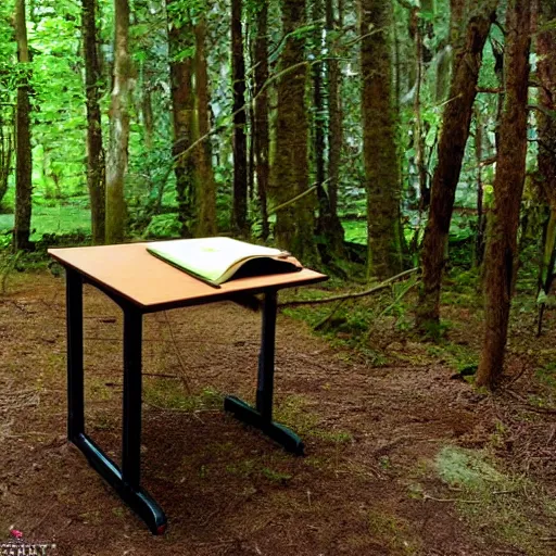 Prompt: A small desk in the middle of a forest by Hayao Miyazaki