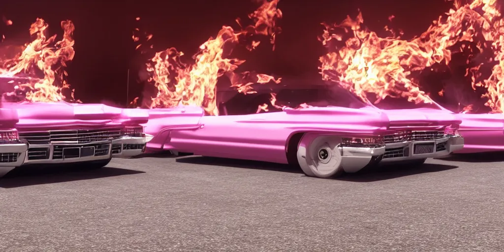 Prompt: a pink cadillac with white stripes on fire, 8k, unreal engine