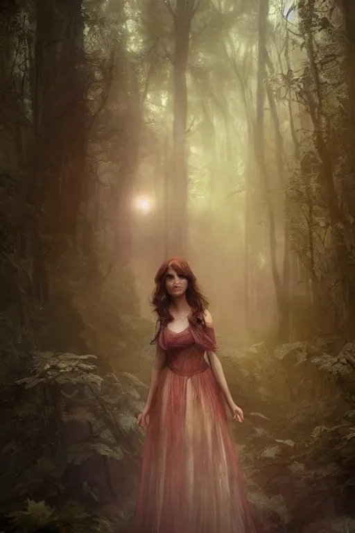 Image similar to A beautiful fairy princess(looking like Rose Byrne), in a dark forest, telephoto close up, cool tones, underexposed, overecast, mysterious matte painting by greg rutkowski and marc simonetti and Ivan Shishkin and christophe Vacher, 4k