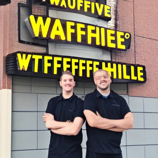 Image similar to wafflehouse employee's standing below wafflehouse sign