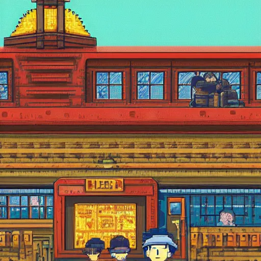 Prompt: portrait of a lazy miner, train station background, high detail, 8 - bit pixel art, cute, by studio ghibli