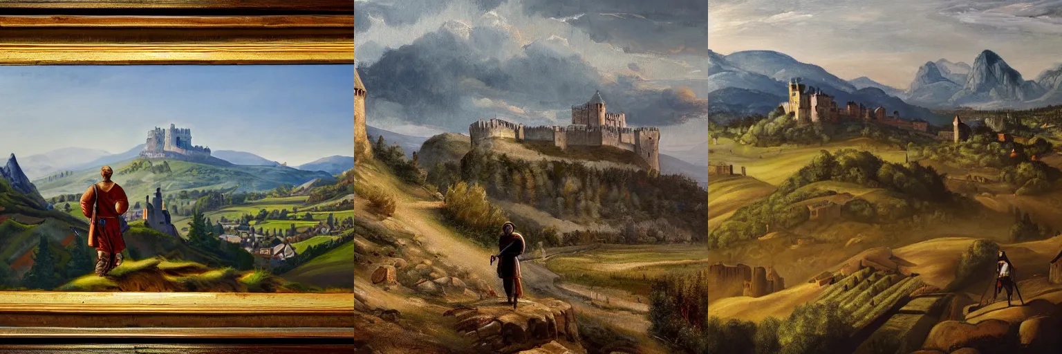 Prompt: A painting of a magnificent medieval castle between the hills and fields, large panoramic background with dense nature and mountains, epic scene, soldier standing in the front and looks at the castle, construction sites here and there