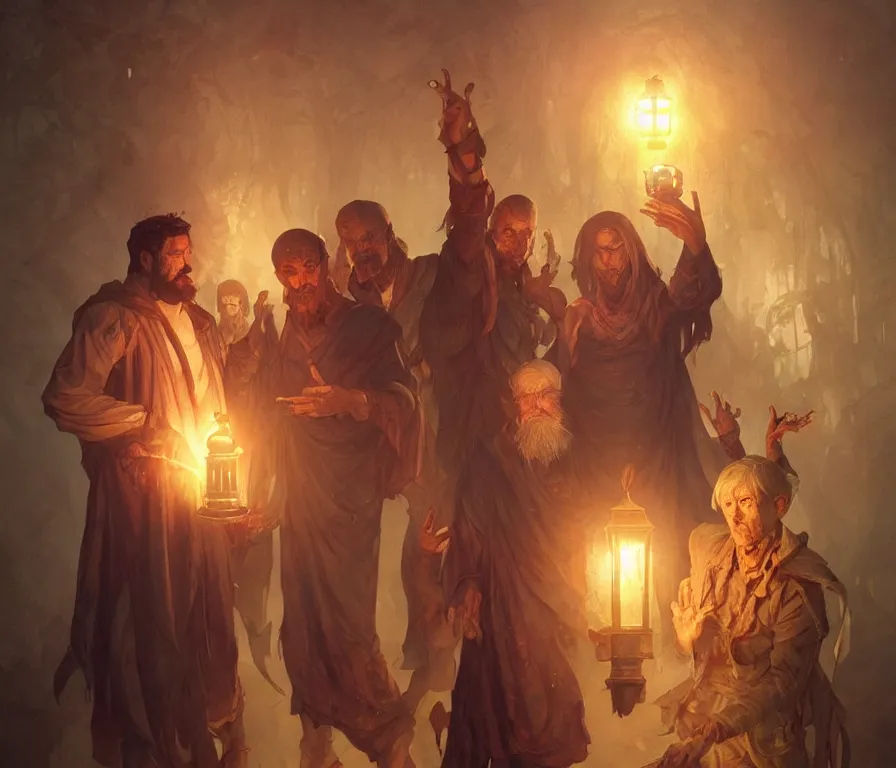 Image similar to male senior cleric holding a lantern surrounded by zombies, highly detailed, digital painting, artstation, concept art, smooth, sharp focus, illustration, art by artgerm and greg rutkowski and alphonse mucha and andrei riabovitchev