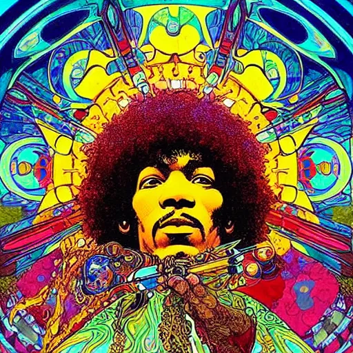 Image similar to “colorfull artwork by Franklin Booth and Alphonse Mucha and Moebius showing a portrait of Jimi Hendrix as a futuristic space shaman”