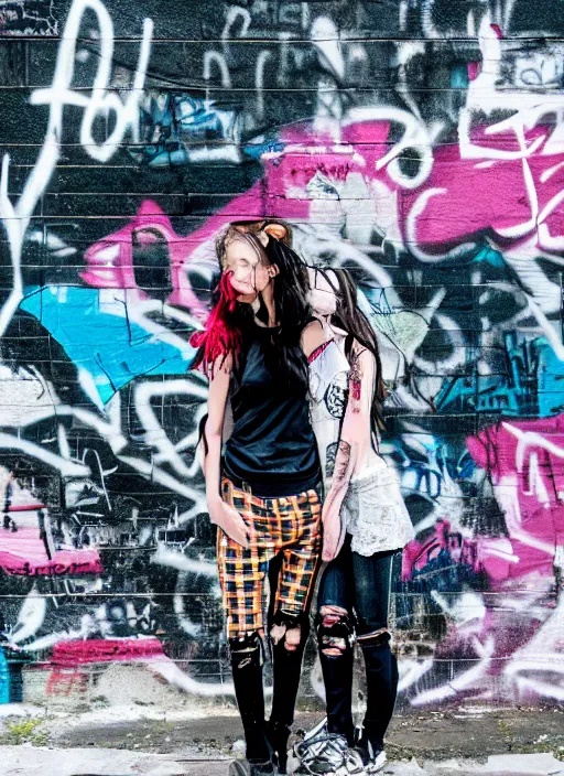 Image similar to a 'grunge' fashion shoot with models in plaid and ripped jeans posing in front of a graffiti-covered wall