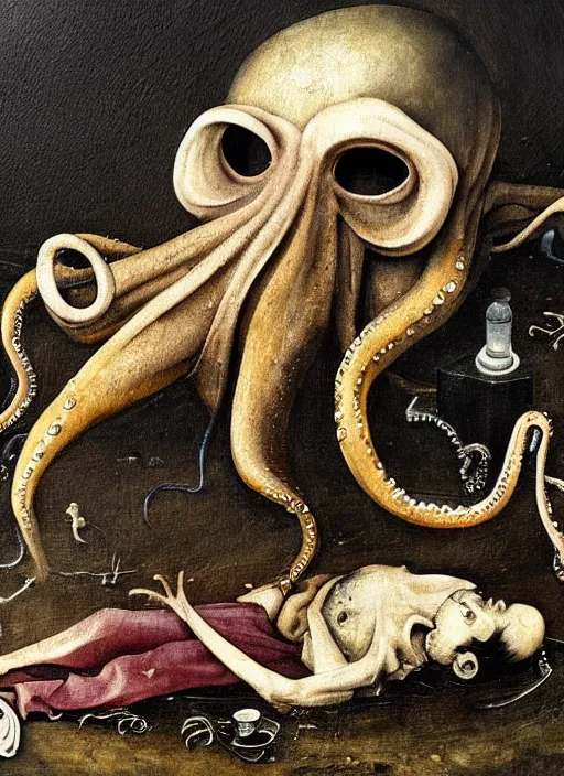 Prompt: Octopus eating a deceased homeless man corpse, horror photography, 4k quality, highly detailed features, by Hieronymus Bosch, painted on metal canvas