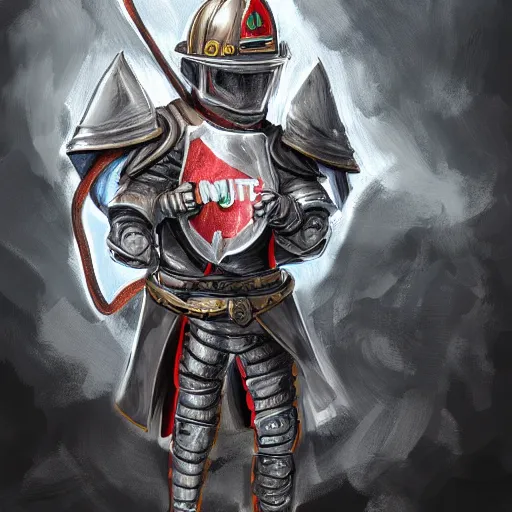 Prompt: An old man wearing knights armour and a fire fighters helmet, full view, highly detailed, digital art, sharp focus, trending on art station, anime art style