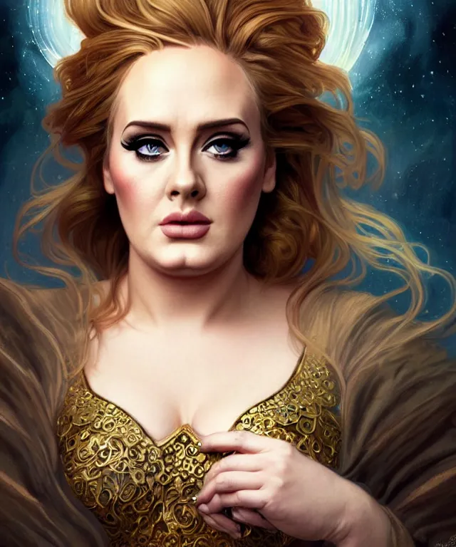 Image similar to Adele as a fantasy magic woman portrait, sci-fi, amber eyes, face, long hair, fantasy, intricate, elegant, highly detailed, digital painting, artstation, concept art, smooth, sharp focus, illustration, art by artgerm and greg rutkowski and alphonse mucha