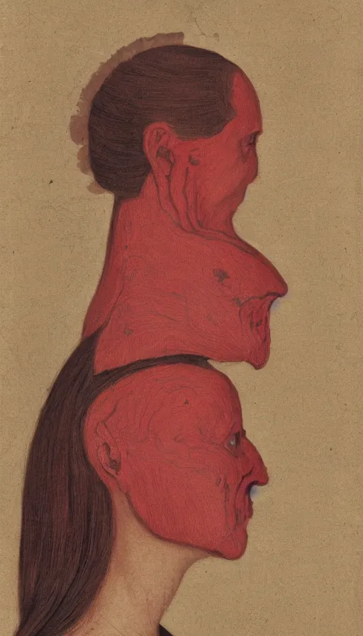 Image similar to a woman's face in profile, with white carapace plates extruding from the skin and red kintsurugi, in the style of the dutch masters and gregory crewdson, dark and moody