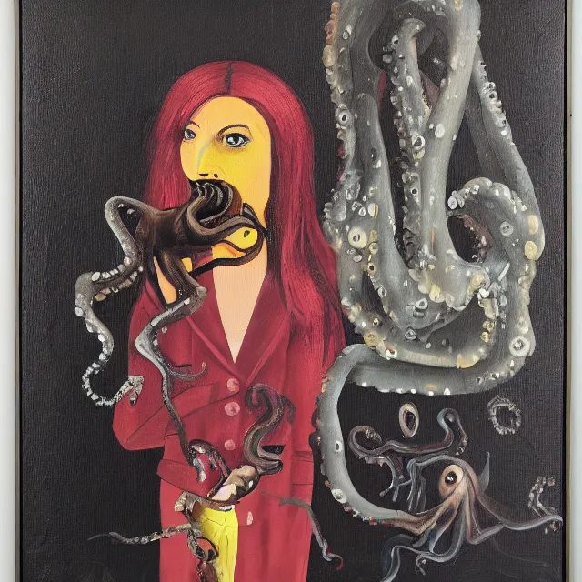 Image similar to a portrait in a dark cafe, a woman holding an octopus, streetlamps, wet, puddles, wild berries, rats, ikebana, neo - expressionism, surrealism, acrylic and spray paint and oilstick on canvas