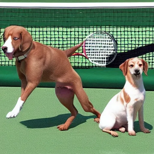 Image similar to dogs playing tennis at Wimbledon, funny photorealistic image