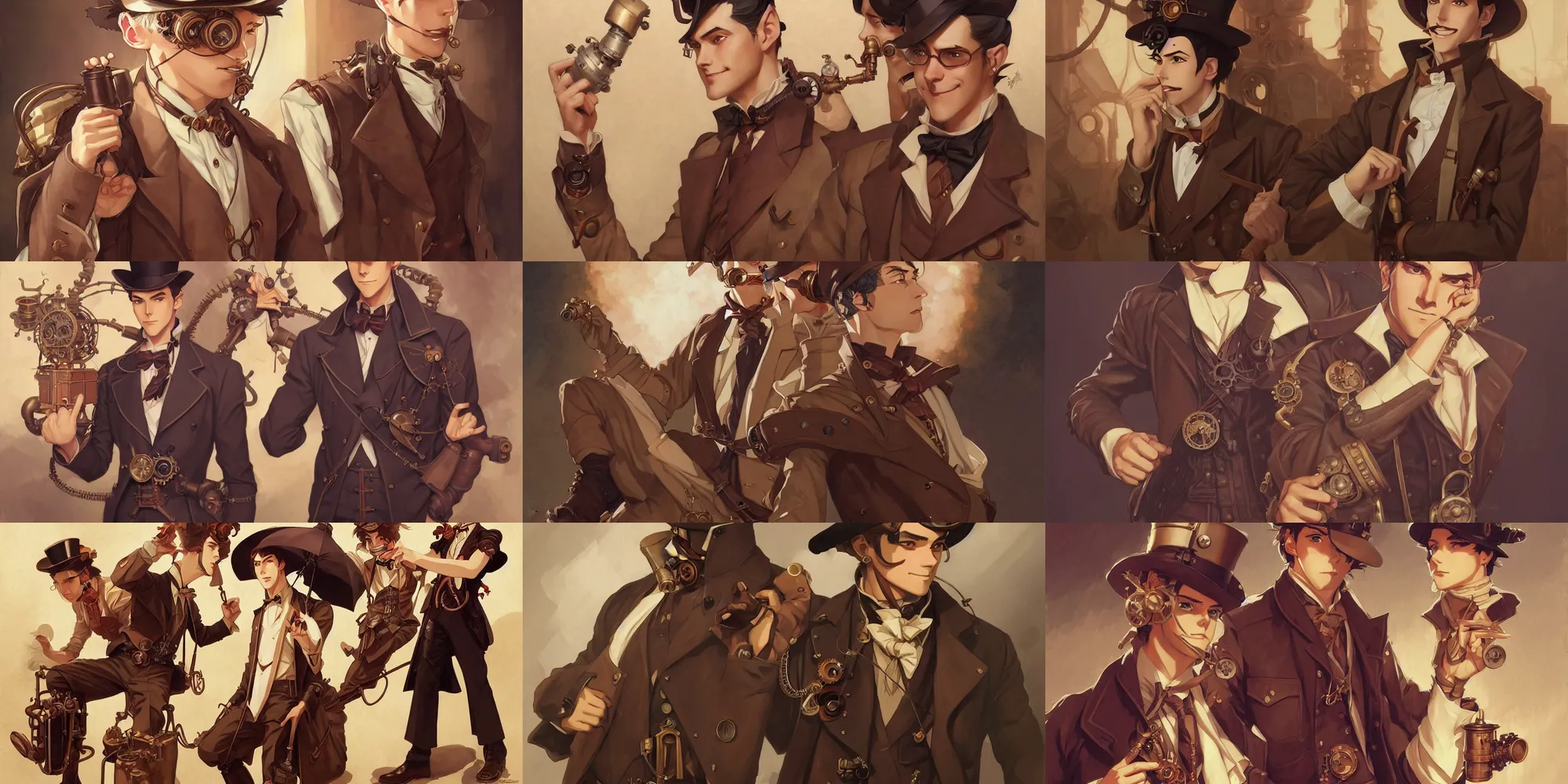 Prompt: steampunk, attractive male, in the style of studio ghibli, j. c. leyendecker, greg rutkowski, artgerm