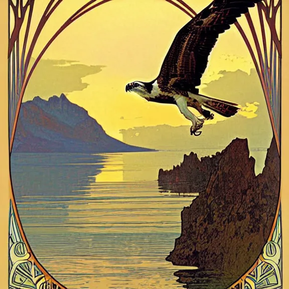 Image similar to an osprey in flight over a spectacular mountain lake at golden hour. art nouveau. surrealism. incredibly beautiful digital art. by alphonse mucha.