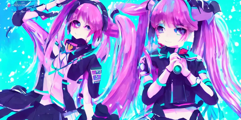 Image similar to hatsune miku preforming on stage , digital art, art station, trending on art station, anime, colorful art