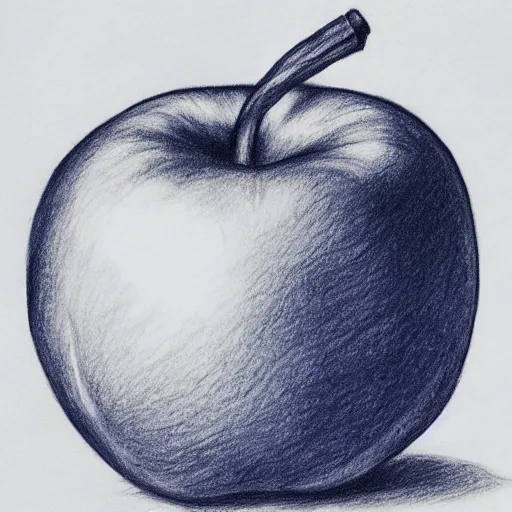 Prompt: blue ballpoint pen drawing of an apple next to a banana