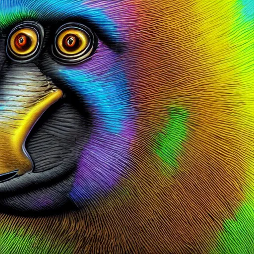 Image similar to iridescent parrot colored rainbow baboon in a forest hyper realistic detailed