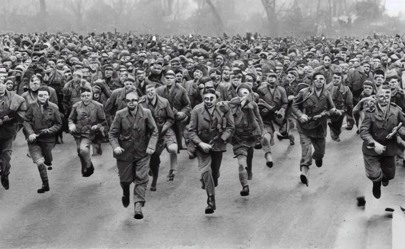 Prompt: an army of Hitlers running towards the camera