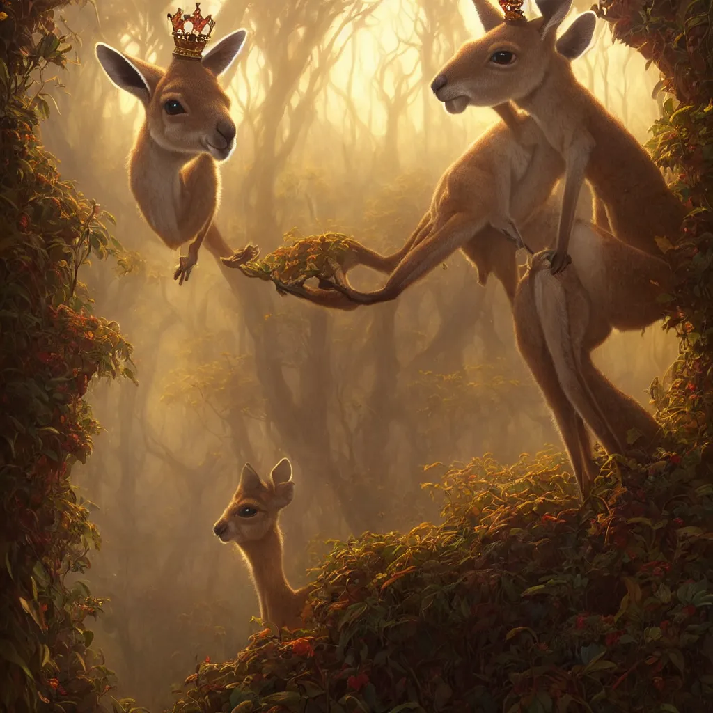 Image similar to Highly detailed portrait of a single Kangaroo wearing a Crown, Stephen Bliss, unreal engine, fantasy art by Greg Rutkowski, Loish, Rhads, ferdinand knab, Makoto Shinkai and Lois van baarle, ilya kuvshinov, rossdraws, Tom Bagshaw, alphonse mucha, global illumination, radiant light, detailed and intricate environment