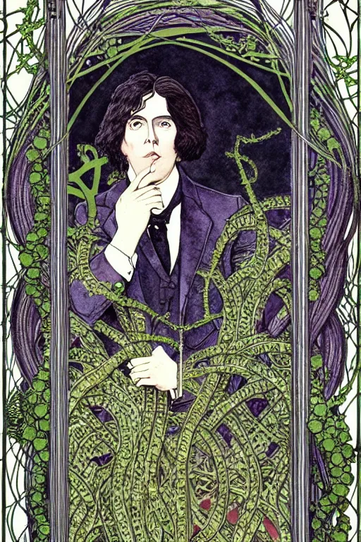 Prompt: realistic portrait of oscar wilde in the center of an ornate gothic frame with vines and stars, detailed art by kay nielsen and walter crane, illustration style, watercolor