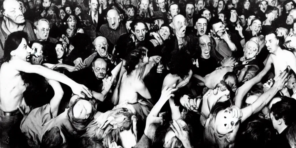 Prompt: photography of picasso and dalí in a mosh pit at a rock concert, by Philippe Halsman