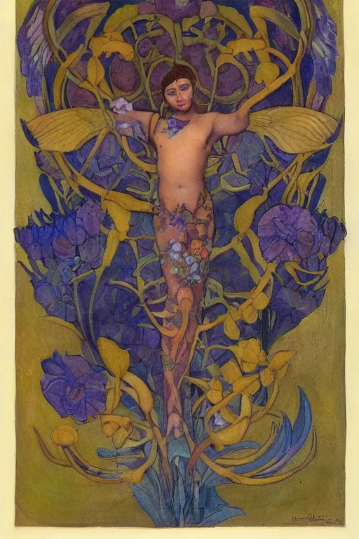 Image similar to the flower prince, by Annie Swynnerton and Nicholas Roerich and Diego Rivera, bioluminescent skin, floral tattoos, wings made out of flowers, elaborate costume, geometric ornament, symbolist, smooth, sharp focus, extremely detailed