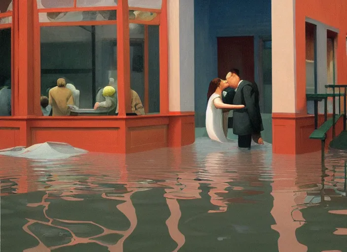 Prompt: spherical melting people kissing at flooded restaurant Edward Hopper and James Gilleard, Zdzislaw Beksinski highly detailed