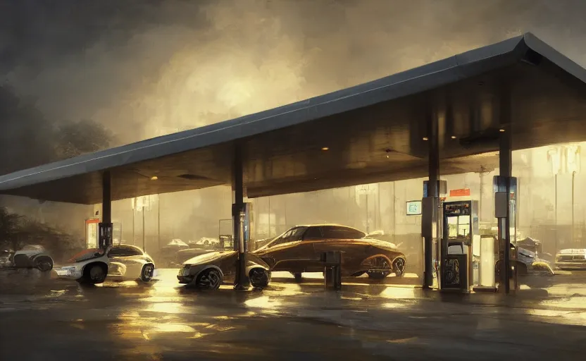 Image similar to Gas station, intricate, elegant, volumetric lighting, digital painting, highly detailed, artstation, sharp focus, illustration, concept art, ruan jia, steve mccurry