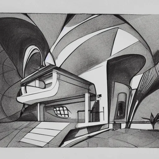 Prompt: a modern house in the style of italian futurism, beautiful landscape sketch by hugh ferriss