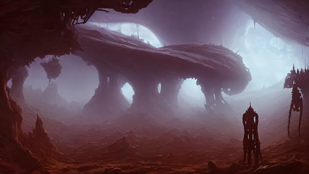 Prompt: eerie atmospheric alien planet with biomechanical plants by les edwards and vincent di fate and anato finnstark, epic cinematic matte painting