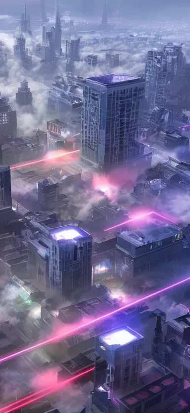 Image similar to unreal engine 5 render of a city with lasers coming out of the clouds, digital art ”