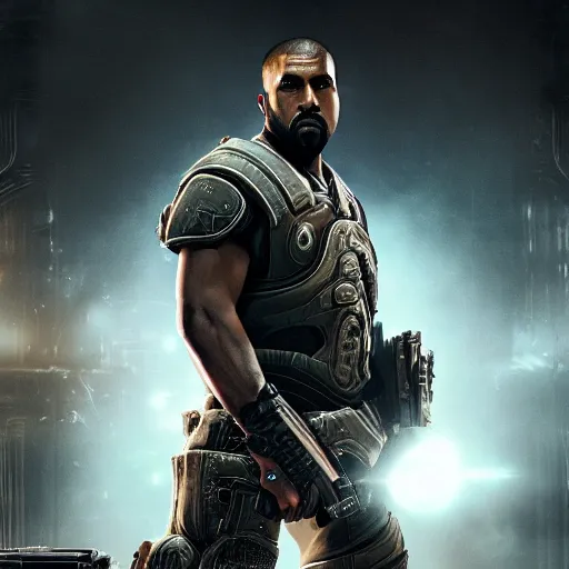 Image similar to Portrait of Kanye West in Gears of War, splash art, movie still, cinematic lighting, dramatic, octane render, long lens, shallow depth of field, bokeh, anamorphic lens flare, 8k, hyper detailed, 35mm film grain