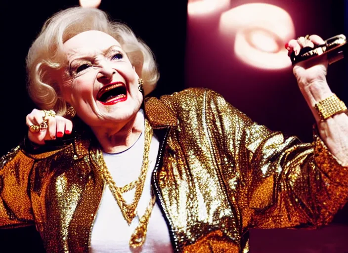 Image similar to publicity photo still of betty white as a gangsta rapper covered in gold chains, with grills in teeth and wearing a jumpsuit live on stage, 8 k, live concert lighting, mid shot