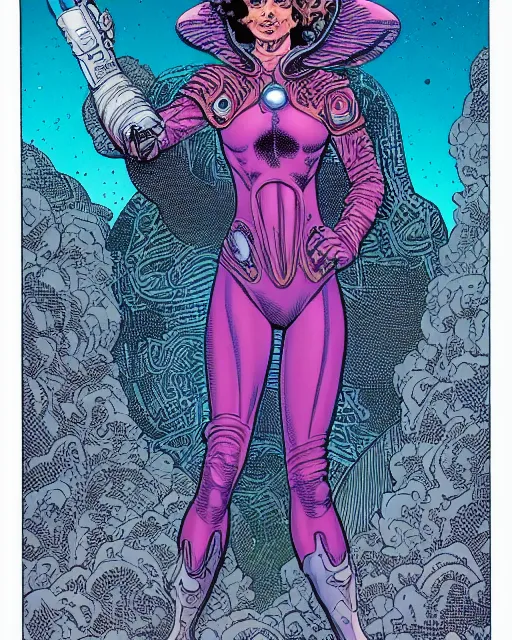 Prompt: closeup portrait of a female space priestess by arthur adams and moebius and chip zdarsky, stunning, comic, pen and ink, slash page, highly detailed