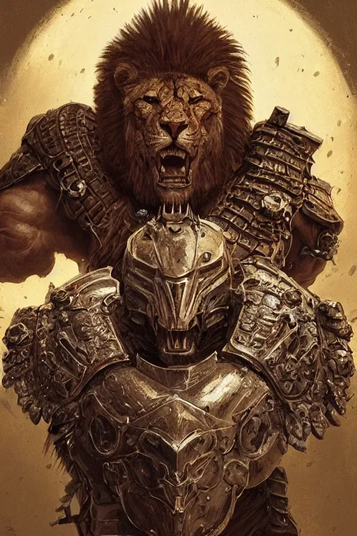 Prompt: ultra realistic illustration,, a hulking knight with a lion cowl, bristling with weapons from doom and warhammer, intricate, elegant, highly detailed, digital painting, artstation, concept art, smooth, sharp focus, illustration, art by artgerm and greg rutkowski and alphonse mucha