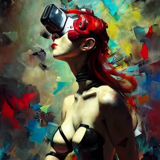 Image similar to grinning woman in a vr headset wearing leather outfit, dynamic energic pose, cyberpunk in the style of adrian ghenie, esao andrews, jenny saville, surrealism, dark art by james jean, takato yamamoto