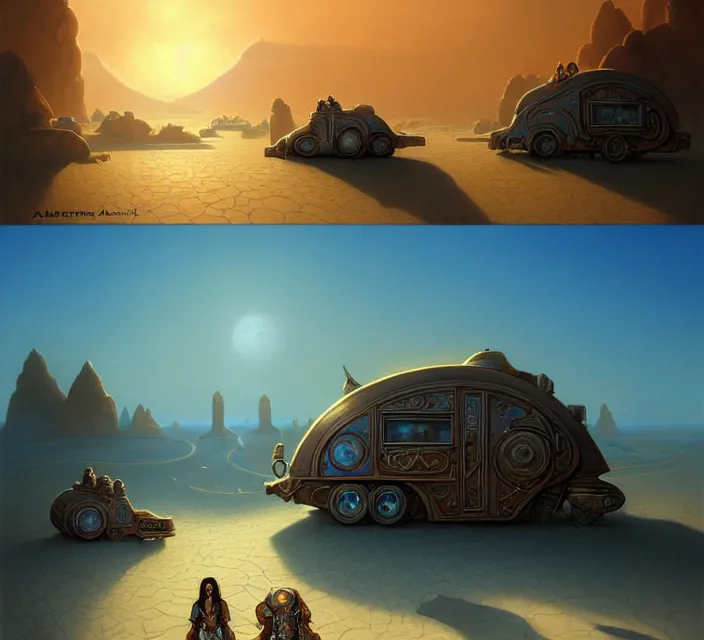 Image similar to subsurface scattering, a desert caravan rests at an azure watery oasis, the art of athas and dark sun, brom's dark sun art on a 7 0's style fantasy novel cover, digital painting by brom, amazingly detailed d & d art, concept art, intricate details, beautiful, volumetric lighting, ultrarealistic, cgsociety, artstation