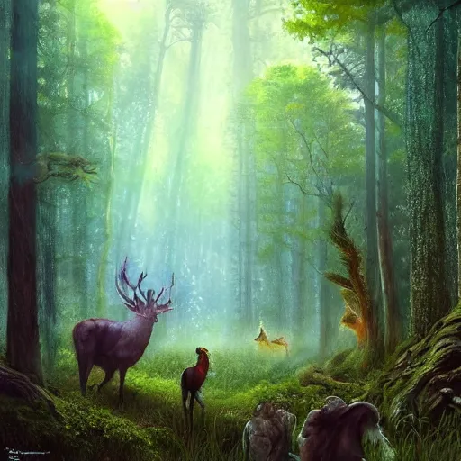 Prompt: a beatifull forest with mystical creatures and bioluminescent plants,james gurney,Trending on artstation