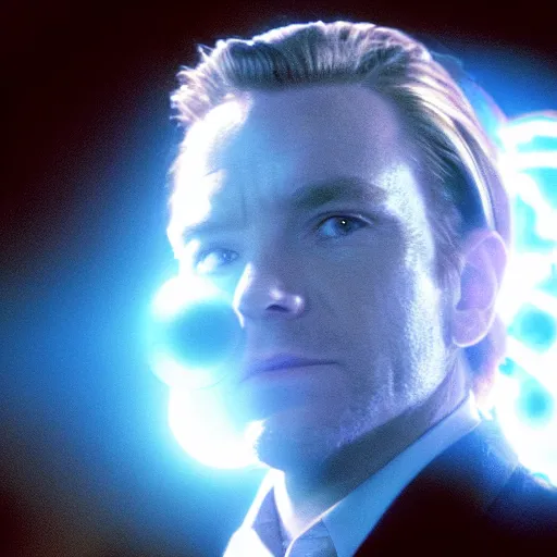 Prompt: film still of ewan mcgregor as a force ghost, star wars, blue ghost, transparent, epic lighting, highley detailled, kodak film