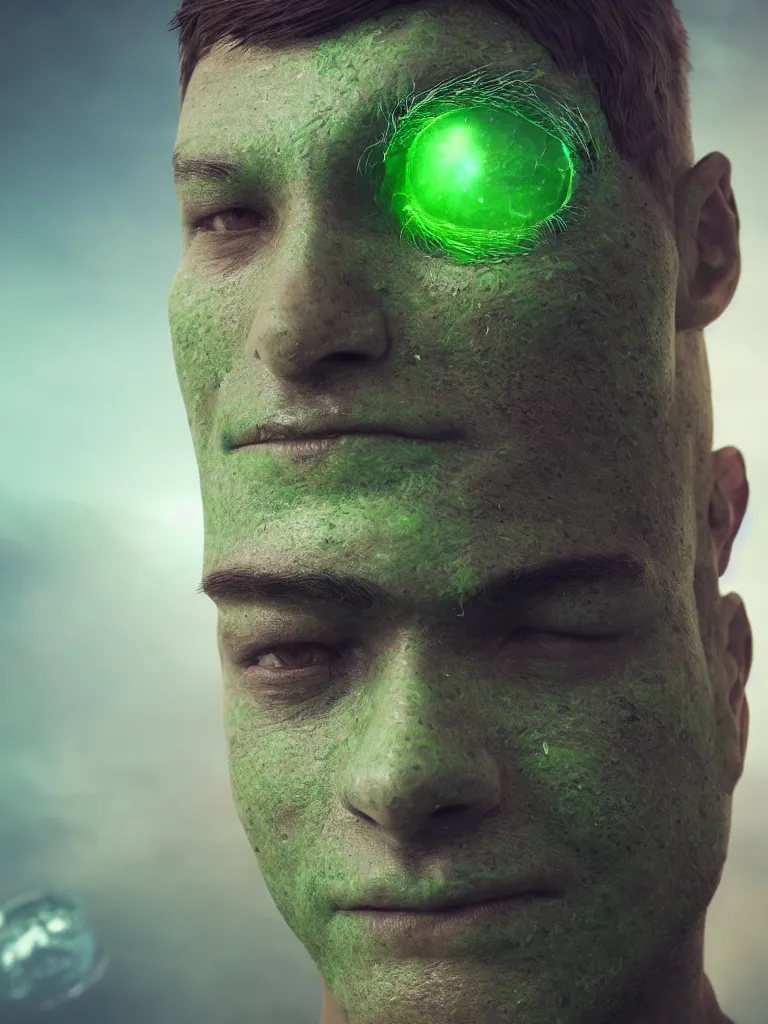 Prompt: selfie of a man, green skin, realistic, studio photoshot, 2 eyes, from another planet, cinematic, cosmic background, high quality, cgsociety, artgerm, 4 k, uhd, 5 0 mm, trending on artstation