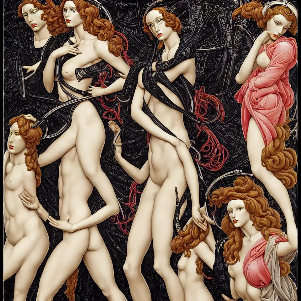 Image similar to 12 figures representing the sins, 3 are Gluttony, 3 are Pride, 3 are Envy, and 3 are Wrath, in a mixed style of Botticelli and Æon Flux, inspired by pre raphaelite paintings, and cyberpunk!!!, stunningly detailed, stunning inking lines, flat colors, 4K photorealistic.