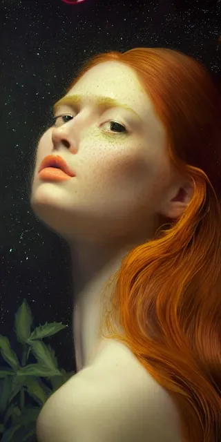 Image similar to amazed and serene young woman, surrounded by firefly lights, full covering intricate detailed dress, amidst nature, long red hair, precise linework, accurate green eyes, small nose with freckles, beautiful smooth oval shape face, empathic, expressive emotions, dramatic lights, hyper realistic ultrafine art by artemisia gentileschi, jessica rossier, boris vallejo