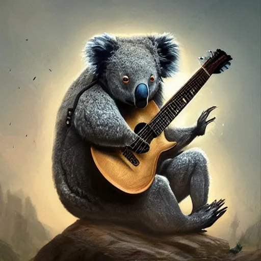 Image similar to Koala playing a guitar, highly detailed, fantasy art, in the style of greg rutkowski, illustration, epic, fantasy, intricate, hyper detailed, artstation, concept art, smooth, sharp focus, ray tracing