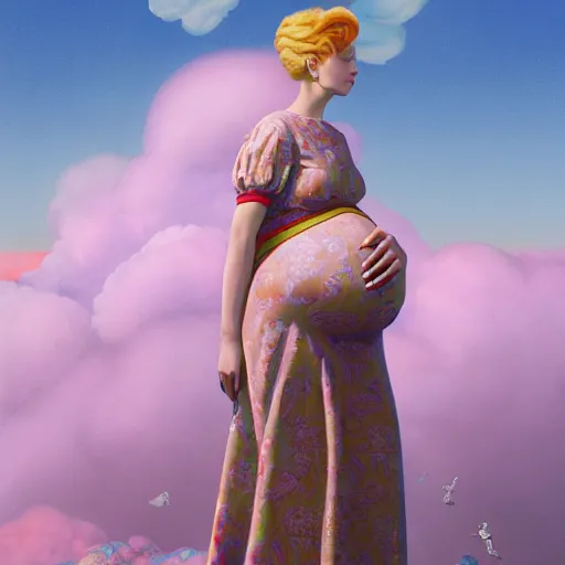 Image similar to pretty pregnant model with clouds : : by martine johanna and simon stalenhag and chie yoshii and casey weldon and wlop : : ornate, dynamic, particulate, rich colors, intricate, elegant, highly detailed, vogue, harper's bazaar art, fashion magazine, smooth, sharp focus, 8 k, octane render