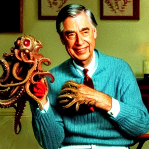 Prompt: mr. rogers proudly displaying a horrific mutated octopus demon that he holds in his hand. 4 k color horror photo.