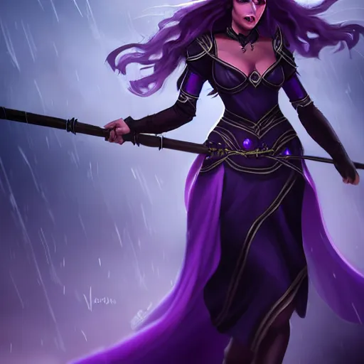 Image similar to a woman in a purple dress holding a staff and dark magic, storm and rain behind her, action scene, magical concept art, artstation contest winner, fantasy art, dark and mysterious, artstation hd, detailed, 8 k, digital art