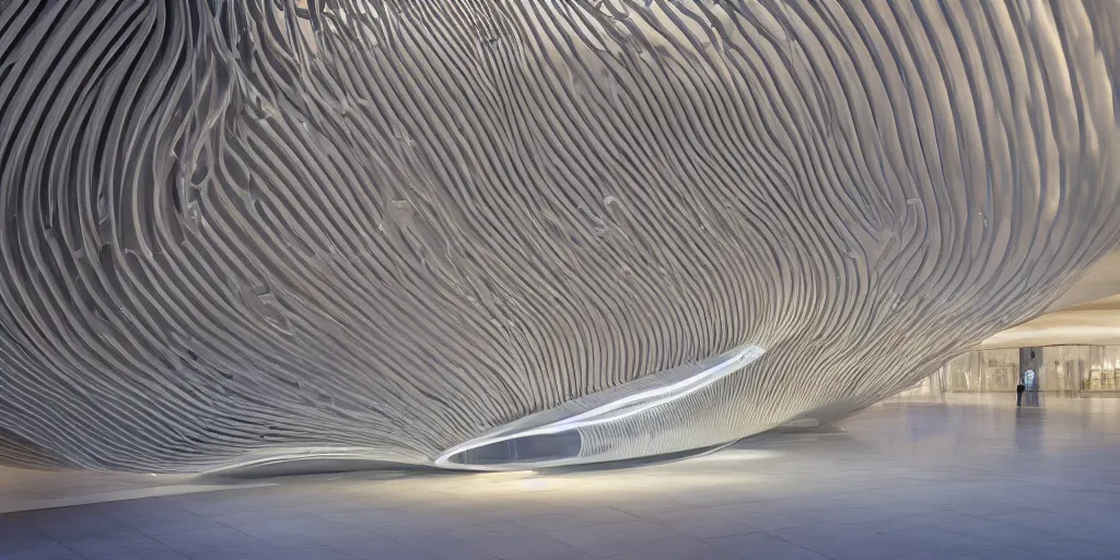 Image similar to extremely detailed awe ornate stunning beautiful futuristic smooth curvilinear elegant museum interior by zaha hadid, translucent gills, stunning volumetric light, stainless steel, concrete, translucent material, beautiful sunset, hyper real, 8k, colorful, 3D cinematic volumetric light, atmospheric light